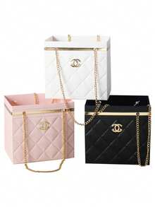 1 件节日派对花纸盒花束收纳桶，带金属链的花店包装袋，手提包式包装篮，非常适合婚礼、派对、节日、鲜花收纳、花束包装、花店、礼品袋以及送给亲人和朋友的精美礼物包装 - 彩色 - 查看 3