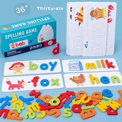 Letter Spelling Word Learning Toy, Letter Sight Word Flash Cards Matching Alphabet Game Educational Preschool Learning Toy, Suitable For Children 3+ Years Old Boys Girls (28 Cards And 52 Letter Blocks)