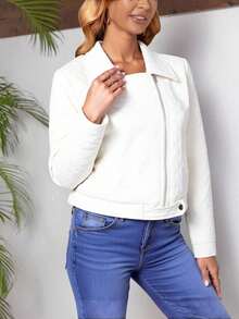 Chamarra biker dama mujer tejido bordado ligero zipper broche metálico solapa manga larga puño salida día noche fiesta evento festival vacaciones cómoda femenina casual primavera verano - Blanco - Ver 3