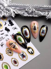Halloween Nail Stickers, Patterns Include Ghosts, Bats, Insects, Spiders, Asymmetric Geometric Border Design, Gold Hollow Pattern, Suitable For Women DIY Nail Salon, Halloween Decoration - 彩色 - 查看 6