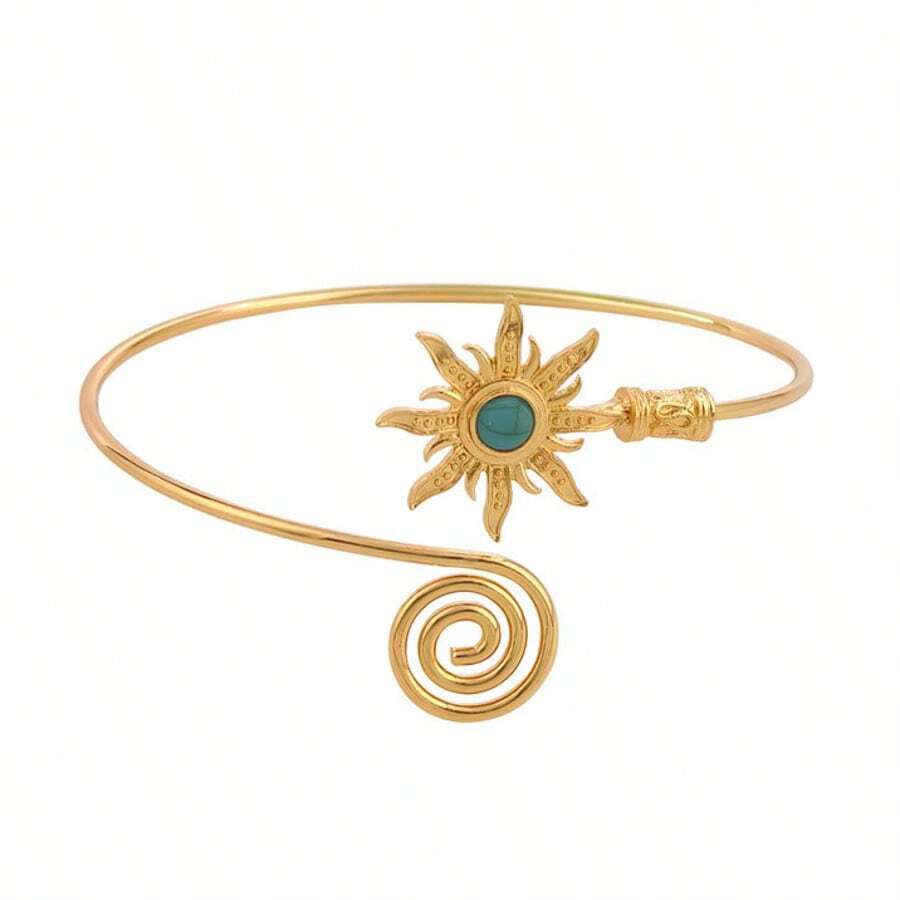 1 件 14K 镀金波西米亚风格绿松石和虎眼向日葵臂袖 - 优雅的铜臂环，女士百搭身体首饰，适合派对和休闲穿着