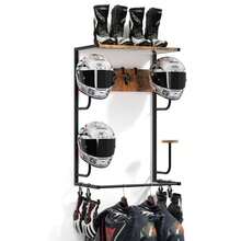 Motorcycle Helmet Holder, Wall-Mounted Helmet Stand With 4 Glove Chips And Hooks, Bicycle Helmet Storage Organizer For Helmets, Gear, Clothing, Accessories - 棕色 - 查看 2