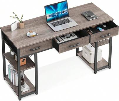 Office Small Computer Desk: Home Table With Fabric Drawers & Storage Shelves, Modern Writing Desk, Grey Oak, 48"X16",9914417