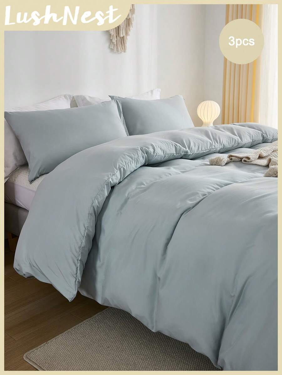 灰蓝色羽绒被套波西米亚风经典床上用品套装 3 件纯色超柔软透气超细纤维羽绒被套 1 个带拉链的羽绒被套 2 个枕套无被子礼物适合男女 - 霧霾藍 - 查看 1