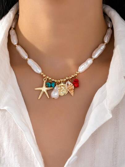 1 pieza Collar con colgante de estrella de mar y concha con estilo de océano de verano, collar con colgante de moneda de turquesa y coral de moda para mujer, adecuado para vacaciones y uso diario