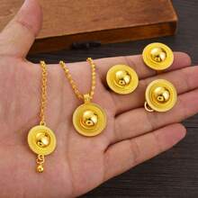 African Classic Jewelry Set, Women's Elegant Minimalist Jewelry, Golden Color Geometric Pendant Necklace, Earrings, Ring, Headchain, Saudi Arabia Bride Wedding Gift - A - View 3