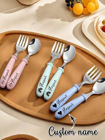 2pcs Customizable For Any Children's Tableware, Spoons, Forks, Storage Box Sets, Boys And Girls' Dedicated Children's Tableware Sets, Holiday Gift Tableware Sets. Perfect For Kindergartens. Customizable For A Unified Tableware Set For Kindergartens. Customizable Stainless Steel Tableware Sets With Engraved Patterns - Including Spoons And Forks.)