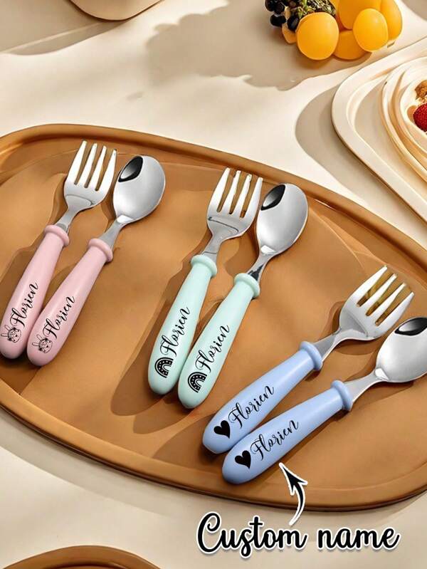 2pcs Customizable For Any Children's Tableware, Spoons, Forks, Storage Box Sets, Boys And Girls' Dedicated Children's Tableware Sets, Holiday Gift Tableware Sets. Perfect For Kindergartens. Customizable For A Unified Tableware Set For Kindergartens. Customizable Stainless Steel Tableware Sets With Engraved Patterns - Including Spoons And Forks. Gifts For Teachers, Children, Couples, Girlfriends, Family Members,Back To School Fashion