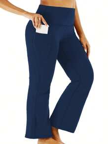 大码女式喇叭瑜伽裤 高腰瑜伽裤 带口袋 喇叭工作裤 健身裤 - 藏蓝色 - 查看 3