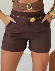 Short Feminino Flor Alfaiataria Com Cinto Moda Bloguerinha Verão
