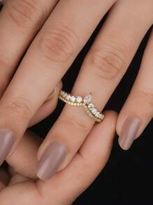 1pc Classic Luxurious V-Shaped Crown Ring With Diamond Inlay, Suitable As Engagement Gift, Holiday Gift, S925 Sterling Silver Exquisite Jewelry Gift - Teardrop Round Diamond Crown Ring - View 4