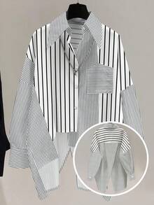 Casual Women Striped Contrast Color Drop Shoulder Long Sleeve Button Lapel Pocket Asymmetric/Asymmetrical Design Back Slit Loose Casual Shirt With Stylish Design, Suitable For Daily Casual And Commuting Wear - Multicolor - View 7