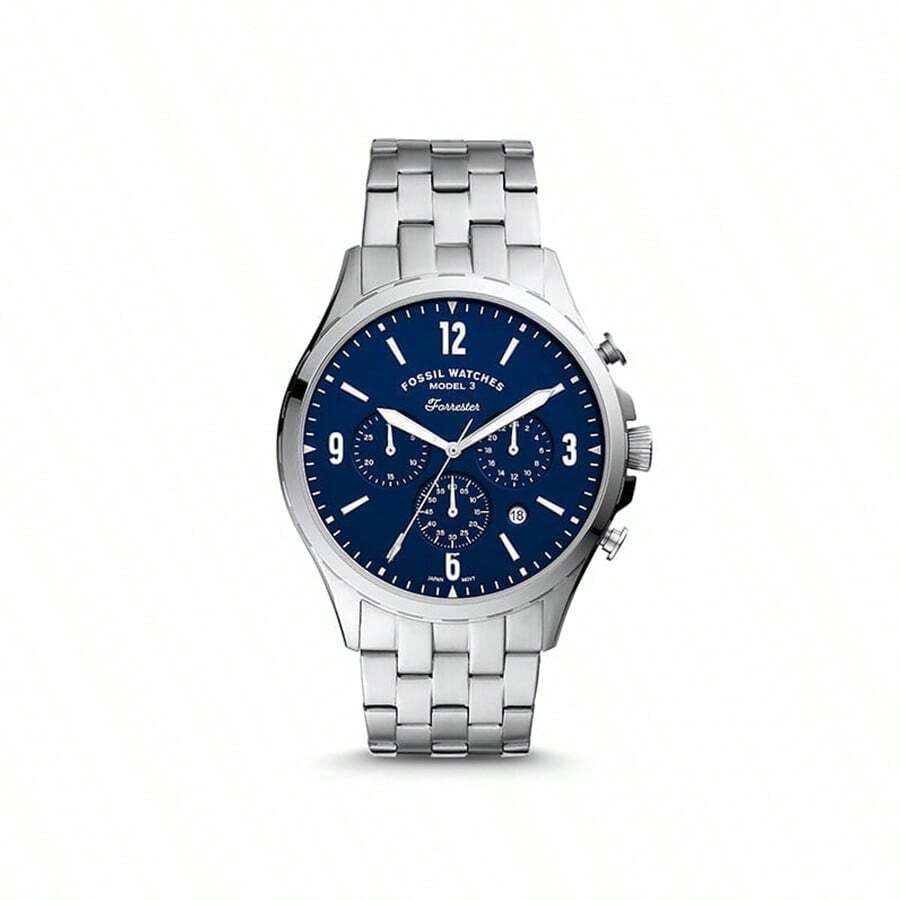 Fossil Forrester 计时码表男士石英表，三表盘显示，蓝色表盘，不锈钢表带，经典商务风格，运动时尚，适合日常工作/运动佩戴。FS5605 - 藍色 - 查看 1