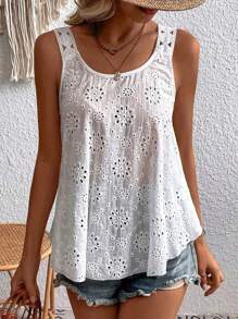 Women's Embroidery Eyelet Tank Tops Sleeveless Scoop Neck Solid Color Loose Fit Tops Casual Summer Shirts