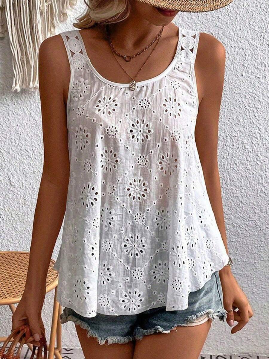 Women's Embroidery Eyelet Tank Tops Sleeveless Scoop Neck Solid Color Loose Fit Tops Casual Summer Shirts
