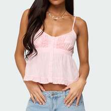 Women V Neck Y2k Babydoll Top Fairy Camisole Summer Ruffle Hem Tanks Cute Sleeveless Going Out Camis Shirt - 粉色 - 查看 3