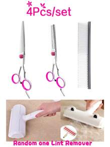 Pet Grooming Scissors Set - Professional Straight Shear, Thinning Scissors, Curved Scissors, And Metal Comb, Pink