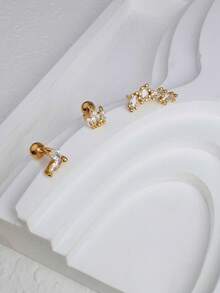 3 件锆石耳钉可叠戴耳环，适合女士，14K 镀金不锈钢 CZ 耳钉，耳轮前耳钉，耳屏耳甲，方晶锆石穿孔首饰，适合女士