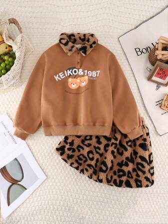 2 pièces/Set Jeunes filles Polo Col blocs de couleurs Léopard et Imprimé dessin animé Sweat-shirt Doublé Polaire & Jupe Léopard, Convient pour le Automne/Hiver Tenue Quotidienne