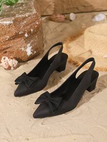 Women's Pointed Toe Chunky Heel Dress Pumps, Casual Bowknot High Heels, Elegant Formal Shoes For Spring/Summer - Black - View 6
