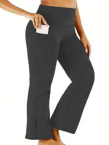 女士喇叭瑜伽裤高腰瑜伽裤带口袋喇叭工作裤健身裤 - 深灰色 - 查看 2