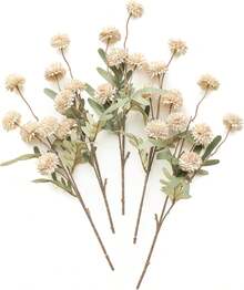 5pcs Faux Silk Pompon Mum Artificial Flowers, Bulk Fake Mini Chrysanthemums With Stems For DIY Bouquet Centerpieces Wedding Fillers Champagne Arrangements Shower Decorations, Beige
