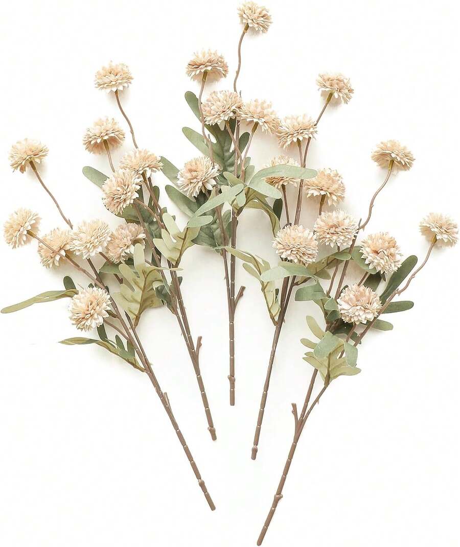 5pcs Faux Silk Pompon Mum Artificial Flowers, Bulk Fake Mini Chrysanthemums With Stems For DIY Bouquet Centerpieces Wedding Fillers Champagne Arrangements Shower Decorations, Beige