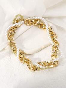 1 件复古时尚通勤珍珠项链，奢华个性化夸张金属颈链，适合女性的理想礼物和派对配饰 - 金色 - 查看 3