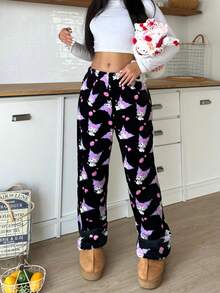 SANRIO Quần pajama vải flannel màu tím, in hình hoạt hình khắp quần, ống rộng, dáng suông, có dây rút, ấm áp, phong cách thường ngày dành cho bé gái, ngọt ngào và cá tính, phù hợp mặc trong nhà và ngoài trời, mùa thu/đông. - màu đen - Xem 4