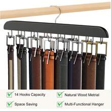 带 1-14 个挂钩的腰带/领带壁挂架，带 14 个挂钩的木质腰带架，壁挂式衣架 - 领带架 - 收纳架 - 腰带架，性别揭秘派对，生日、婚礼、派对的完美之选，送给同事、朋友和家人的完美礼物，返校季