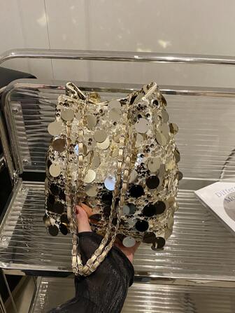 1pc Glitter Lightweight Durable Large Capacity Women's Crossbody Bag, Fashionable Versatile Party Bucket Bag Suitable For Party, Travel, Evening