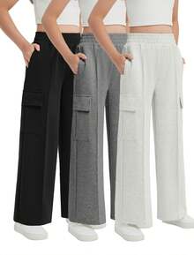 EXARUS 3-Pack  Girls' Workwear Wide-Leg Pants New Style Cool Street Loose Pants Elastic Waistband Solid Color Multi-Pocket Straight Casual Pants Suitable For 6-14 Years Old - 黑色+白麻灰+深麻灰 - 查看 1