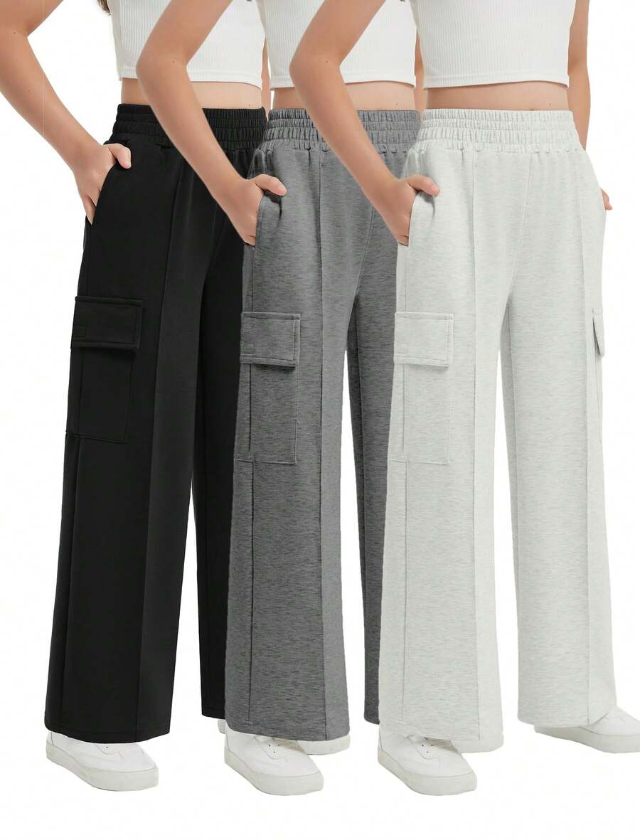 EXARUS 3-Pack Girls' Workwear Wide-Leg Pants New Style Cool Street Loose Pants Elastic Waistband Solid Color Multi-Pocket Straight Casual Pants Suitable For 6-14 Years Old - 黑色+白麻灰+深麻灰 - 查看 1