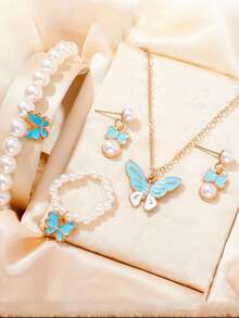 5 件套首饰套装，可爱蝴蝶吊坠项链、耳环、手链，适合少女，返校礼物，送给最好的朋友，金项链 - 彩色 - 查看 10