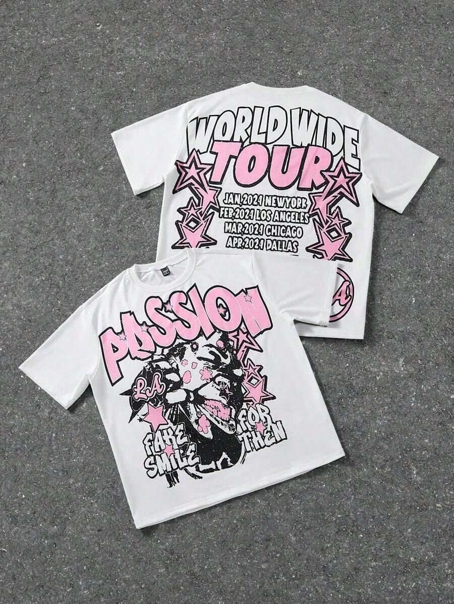 Men's Letter & Star Graphic Loose Round Neck Short Sleeve T-Shirt, World Tour T-Shirt-Premium Cotton Graphic Printed Round Neck T-Shirts - 白色 - 查看 1