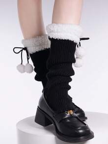 1 Paar Y2K süße Beinwärmer, flauschige Lammwoll Oberschenkel Beinwärmer, Lolita Mädchen Pompon Flauschige kurze Beinwärmer, elegant, bequem, weich, lässig, geeignet für Frühling, Sommer, Herbst, Winter, japanischer Stil elegant bestickte Gänseblümchen lässige Beinwärmer