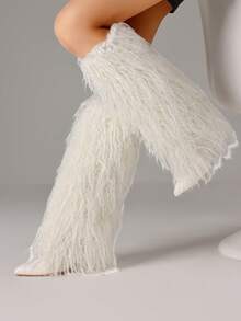 Y2k Style Women's Chic Pointed Toe Knee High Boots Fluffy Fur Chunky Heel Nightclub Party Club Shoes - 白色 - 查看 4