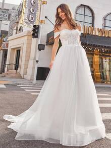 Elasola Elegantes vestidos de noche de encaje con cuello en V y abertura lateral para mujeres, vestidos de graduación de sirena brillante de encaje largo para bodas - Beis - Ver 9