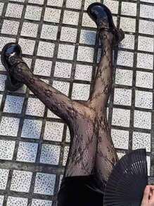 1 双性感女式渔网裤袜，黑色花朵图案街头时尚性感百搭连裤袜