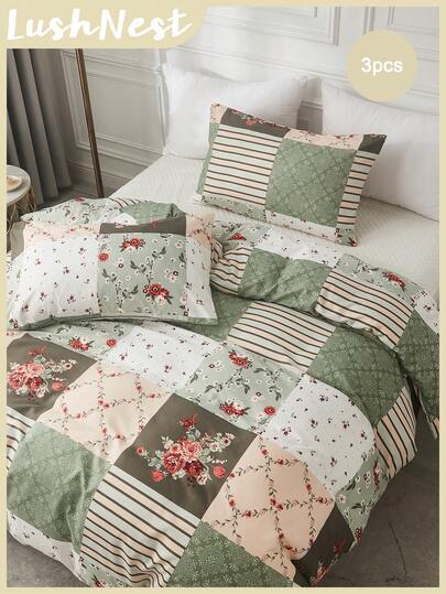 Floral Duvet Cover Set Patchwork Plaid Bedding Set 3 Pieces Ruffle Decor Botanical Flower Branches  Comforter Cover Soft Microfiber Duvet Cover For Boys Girls 1 Duvet Cover 2 Pillowcases No Comforter For All Seasons