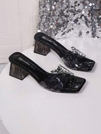 Women's High Heel Sandals, Versatile Open Toe Slip-On Sandals, Gorgeous Ditsy Floral High Heel Sandals, Square Toe Transparent High Heel Sandals, Summer Fashion Dress Matching Sandals, French Elegant Crystal Heel Sandals For Women