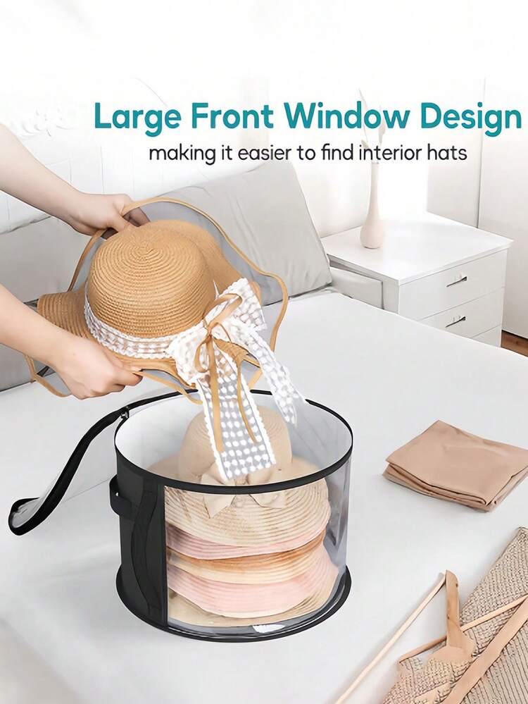 Svart hattförvaringsväska med stor kapacitet, transparent fönster upptill och på sidan, vikbar, robust handtag, för cowboyhatt, basebollkeps, strandhatt, rymmer upp till 7 hattar - Multifärgad - Visa 7