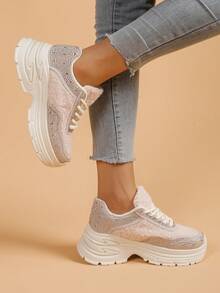 Damen Veloursleder Sneaker mit dicker Sohle, Strass, warm, Schnürung, modischer Lässig-Stil