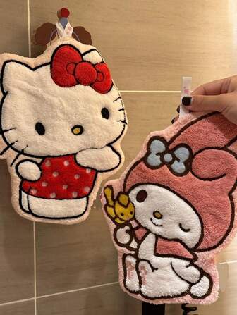  1 PC Sanrio Hello Kitty & Kuromi Quick-Dry Hand Towel - Soft Coral Fleece Hanging Towel With Adorable Character Designs, Playful Decor For Bathroom, Kitchen, Bedroom - Cute Cartoon Home Decor