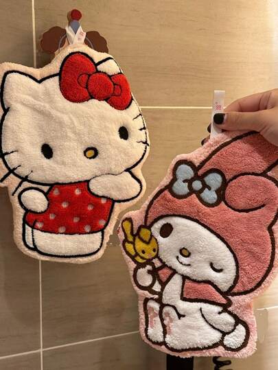 1pc Hello Kitty & Kuromi Quick-Dry Hand Towel - Soft Coral Fleece Hanging Towel, Decorated With Cute Cartoon Patterns, Adding Fun Decor To Bathroom, Kitchen, Bedroom - Adorable Cartoon Home Decor