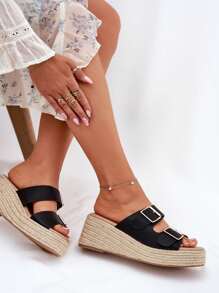 女士时尚百搭休闲厚底坡跟拖鞋，夏季 - 黑色 - 查看 1