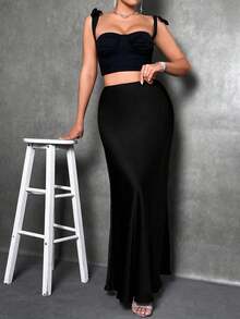 Solid Color High Waist Elegant Satin Skirt, Women Plus Size Midi Skirt, Suitable For Spring, Summer, Autumn