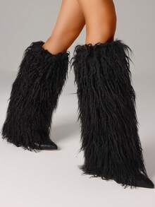 Y2k Style Women's Chic Pointed Toe Knee High Boots Fluffy Fur Chunky Heel Nightclub Party Club Shoes - 黑色 - 查看 4