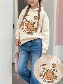 1 件女孩长袖连帽套头衫，带有“江豚”印花图案，为年轻女孩/周女孩/少女女孩提供舒适、时尚、休闲的秋冬新款上衣 - 杏色 - 查看 7