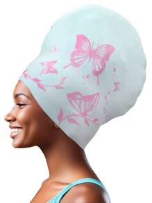 长发泳帽，男女通用，超大泳帽 - 优雅蝴蝶图案，防水硅胶泳帽，高弹力泳帽，适合编织发、脏辫、非洲风格编织假发